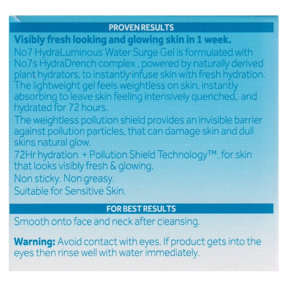 Boots No. 7 50mL Hydra Luminous Water Surge Gel UltraHydratant Oil Fr Skincare Australia