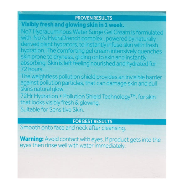 Boots No. 7 50mL HydraLuminous Water Surge Gel Cream For Dry Skin