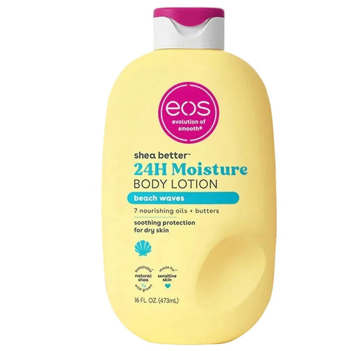 A bottle of EOS Shea Better 24H Moisture Body Lotion in 'Beach Waves' scent, featuring a pale yellow bottle with a pink and white cap, on a solid white background.