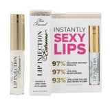 Too Faced Lip Injection Extreme product line including a tube of lip plumper, its packaging box, and a fan brush, with branding and product information displayed.