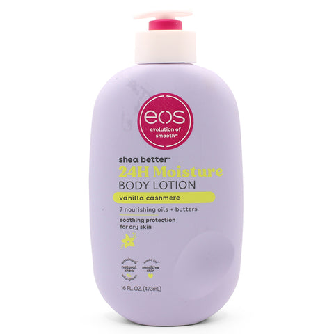 EOS Shea Better 24hr Moisture Body Lotion in Vanilla Cashmere, 473 mL (16 fl oz), provides long-lasting moisture while leaving skin feeling soft, smooth, and nourished. Featuring a warm vanilla cashmere scent, this daily body lotion is ideal for keeping skin hydrated and moisturized.